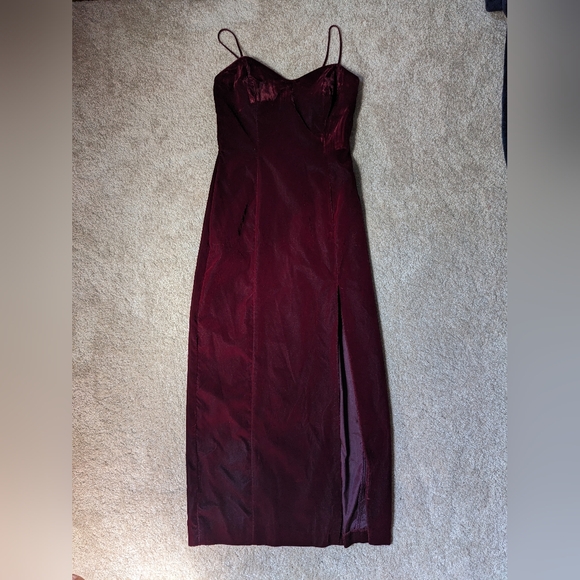 Vintage LA GLO Red Maroon Velvet Spaghetti Strap Midi Prom Party Dress - Picture 6 of 14